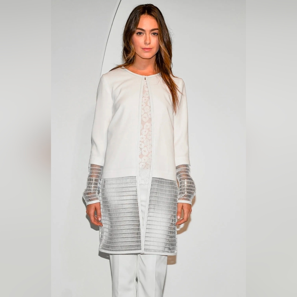 Elie Tahari Edition 1974 Soho Mesh-Panel White Leather Trim Formal Jacket Coat